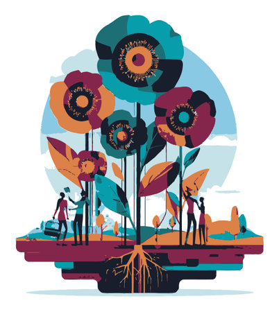 This captivating flat vector illustration features people interacting with vibrant flowers in a serene landscape, embodying a sense of harmony and connection to nature.のイラスト素材