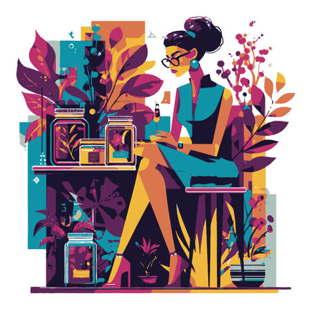 A vibrant vector illustration of a stylish woman at a desk with plants, showcasing creativity in a colorful and artistic environment. Perfect for modern design themes.のイラスト素材