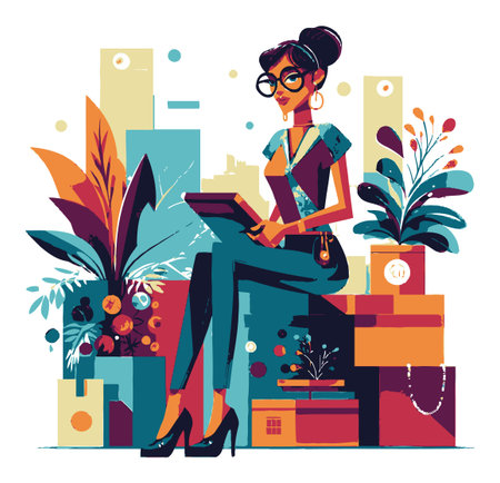 A stylish woman is depicted in a vibrant vector illustration, seated among colorful boxes and lush plants, showcasing a modern and creative lifestyle.のイラスト素材
