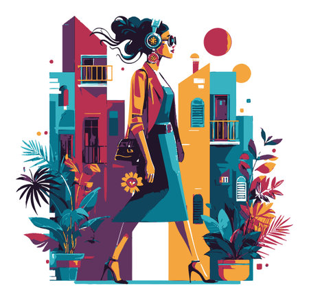 A vibrant vector illustration featuring a fashionable woman with headphones walking through a colorful urban landscape filled with plants and modern buildings.のイラスト素材