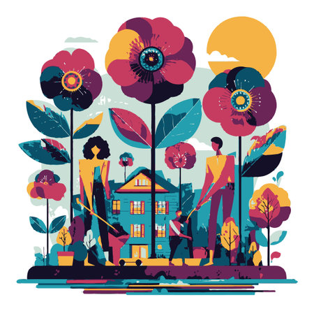 This vibrant vector illustration showcases people gardening amid oversized flowers and a charming house, symbolizing a joyful outdoor lifestyle and natural beauty.のイラスト素材