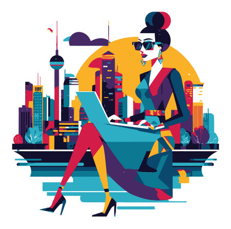 This colorful flat vector illustration features a stylish woman working on her laptop against a vibrant urban skyline, showcasing modern lifestyle and technology.のイラスト素材