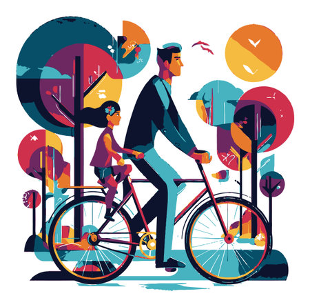 Vibrant and playful illustration of a father and daughter riding a bicycle through a colorful outdoor landscape, highlighting their joyful bond and adventure.のイラスト素材