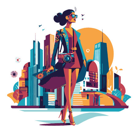 A fashionable woman stands confidently in a vibrant urban setting with a camera, embodying creativity and style amidst a colorful cityscape and sunny atmosphere.のイラスト素材