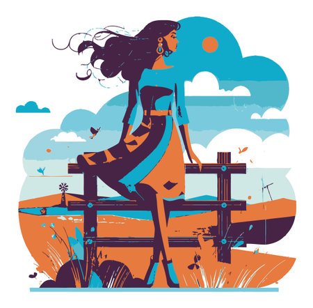 A vibrant illustration of a graceful woman sitting on a wooden fence, enjoying a breezy outdoor landscape. Rich colors and serene elements create a perfect escape.のイラスト素材