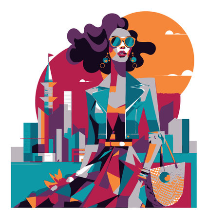 This vibrant vector illustration depicts a stylish woman wearing sunglasses and a chic outfit, set against a colorful city backdrop, embodying modern fashion trends.のイラスト素材