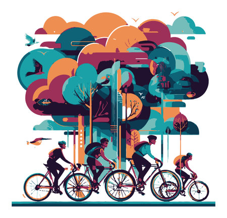 Eye-catching flat vector illustration featuring cyclists navigating through a vibrant abstract nature scene with trees and birds, promoting outdoor activity and fitness.のイラスト素材