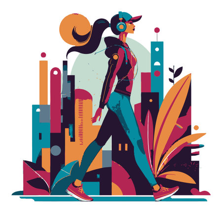 A vibrant vector illustration of a stylish woman walking in a colorful urban environment, wearing headphones. Perfect for themes of fitness, lifestyle, and motivation.のイラスト素材