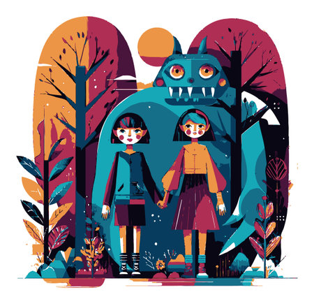 Whimsical illustration of two children holding hands in a vibrant forest, with a friendly monster in the background. Perfect for playful and imaginative themes.のイラスト素材