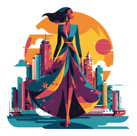 A stunning vector illustration of a fashionable woman walking gracefully against a vibrant city skyline at sunset, showcasing elegance and modern style.のイラスト素材