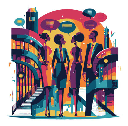 A vibrant flat vector illustration showcasing a diverse group of professionals engaging in conversation against a modern city backdrop, emphasizing teamwork and innovation.のイラスト素材