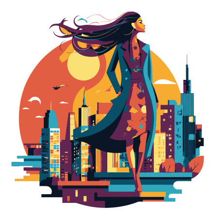 Discover a vibrant vector illustration of a stylish woman in an urban landscape, showcasing modern fashion against a colorful city skyline.のイラスト素材