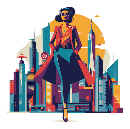 Vibrant flat vector illustration of a stylish woman in a red coat, walking confidently through a modern city skyline, showcasing urban fashion and beauty.のイラスト素材