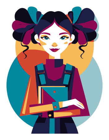 Explore this vibrant vector illustration of a cheerful young woman with playful hairstyle, showcasing modern design elements and a colorful backdrop, perfect for diverse creative projects.のイラスト素材