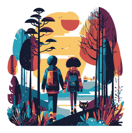 Delightful vector art showing two children walking hand in hand through a vibrant nature landscape at sunset, accompanied by a curious cat.のイラスト素材