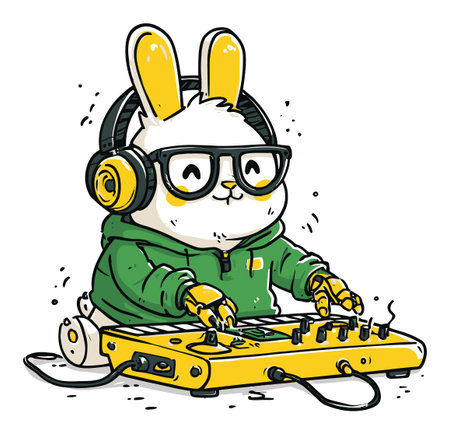 Adorable hand-drawn rabbit character dressed as a DJ, wearing headphones and enjoying music while operating a yellow soundboard, portraying creativity and fun.のイラスト素材