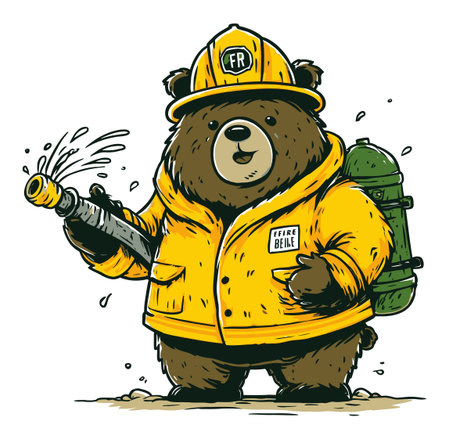 This charming illustration features a cute cartoon bear dressed as a firefighter in a yellow jacket and helmet, holding a hose. Perfect for childrens themes!のイラスト素材