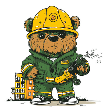 This illustration features a cute hand-drawn bear character dressed as a firefighter, holding a water hose. Perfect for children's stories or playful themes!のイラスト素材
