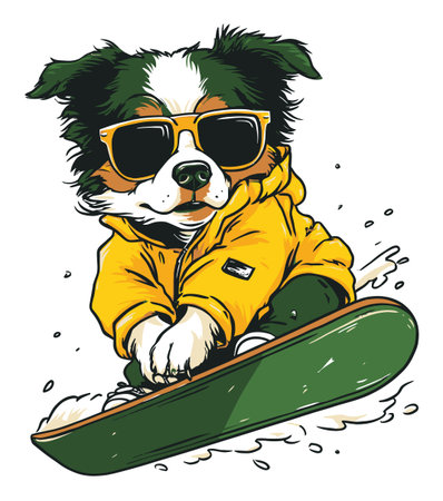 This hand-drawn illustration features a playful dog in a vibrant hoodie, riding a snowboard with sunglasses, capturing a sense of fun and adventure in winter sports.のイラスト素材
