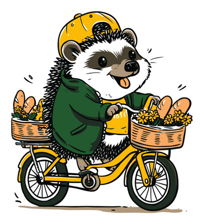 This delightful hand-drawn illustration features a cheerful hedgehog riding a bicycle, complete with a cool cap, delivering flowers and bread, evoking a sense of joy.のイラスト素材