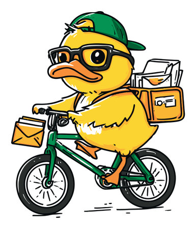 A vibrant hand-drawn cartoon duck sporting glasses and a cap rides a bicycle, delivering mail. This playful design captures a joyful spirit perfect for various creative projects.のイラスト素材