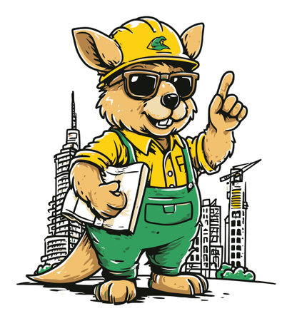 This vibrant hand-drawn cartoon features a kangaroo in construction attire, exuding energy and friendliness amidst a cityscape. Perfect for playful projects.のイラスト素材