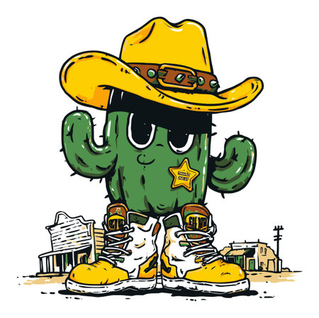 This hand-drawn illustration features a charming cactus cowboy character wearing a yellow hat and stylish boots, perfect for creative projects and playful themes.のイラスト素材