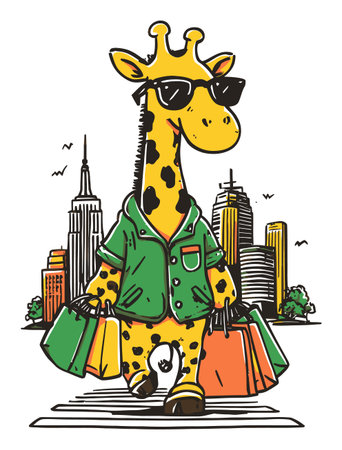 A playful giraffe wearing sunglasses and a green shirt strolls through an urban landscape, carrying colorful shopping bags. Perfect for fun and vibrant themes.のイラスト素材