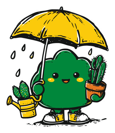 Adorable hand-drawn character holds a yellow umbrella while surrounded by cacti and rain. Perfect for cheerful designs, kids' themes, and nature illustrations.のイラスト素材