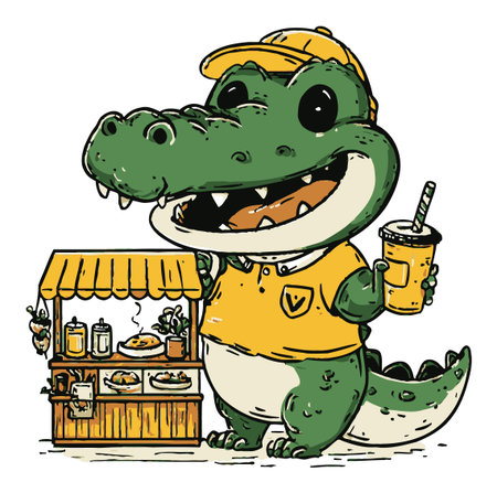 Delight in this charming hand-drawn cartoon alligator character at a vibrant food stall, holding a refreshing drink. Perfect for food-themed projects!のイラスト素材