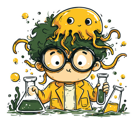 This playful and colorful illustration features a child scientist with a jellyfish hat, experimenting in a laboratory. Ideal for education or fun themes.のイラスト素材