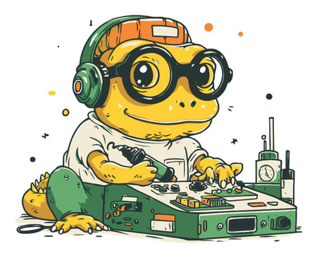 Adorable hand-drawn cartoon frog wearing glasses and headphones, joyfully operating radio equipment. Perfect for music or art enthusiasts looking for playful imagery.のイラスト素材