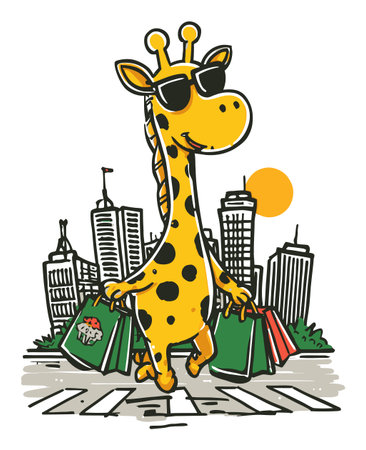 A whimsical illustration of a cheerful giraffe wearing sunglasses, shopping in a vibrant city. The giraffe carries colorful bags, exuding a fun and playful vibe.のイラスト素材