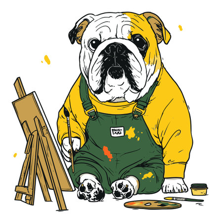 A charming illustration of a bulldog artist wearing an apron, holding a paintbrush with vibrant colors, perfect for art lovers and dog enthusiasts.のイラスト素材