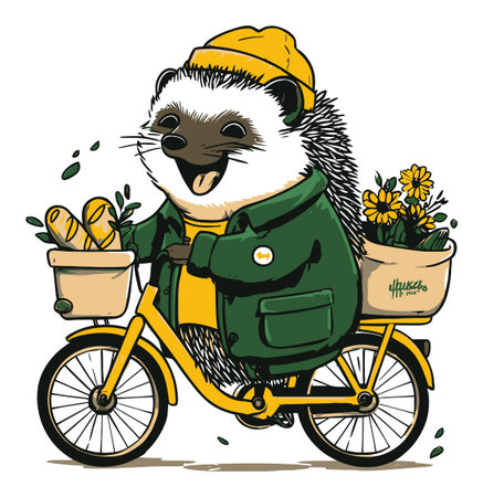 This delightful hand-drawn illustration features a happy hedgehog riding a yellow bicycle, complete with flowers and baguettes. Perfect for cheerful designs!のイラスト素材