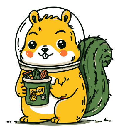Charming hand-drawn squirrel character in a space suit joyfully holding a container of vegetables. Ideal for playful designs or children's themes.のイラスト素材