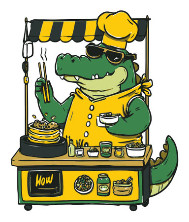 This colorful illustration showcases a cheerful alligator chef at a vibrant food stand, expertly preparing delicious noodles and dishes. Ideal for food-related themes.のイラスト素材