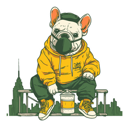 This hand-drawn illustration features a fashionable dog in a hoodie and mask, sitting against a vibrant city skyline. A playful blend of urban style and charm.のイラスト素材