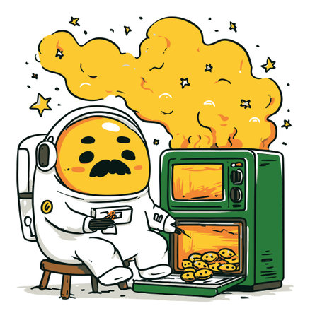 A whimsical cartoon of an astronaut relaxing while baking cookies in a colorful oven filled with smoke. The scene is playful and humorous, showcasing a unique blend of space and culinary fun.のイラスト素材