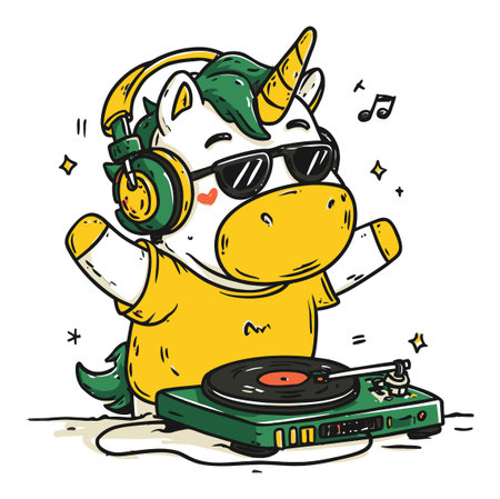 A lively hand-drawn cartoon unicorn DJ wearing sunglasses and headphones. This playful character spins records, radiating joy and energy, perfect for creative projects.のイラスト素材