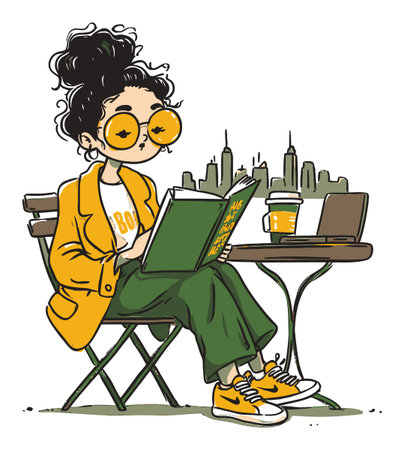 A hand-drawn illustration of a young woman reading a book while enjoying coffee at a cafe. The vibrant city skyline sets a lively urban backdrop, capturing a moment of leisure.のイラスト素材