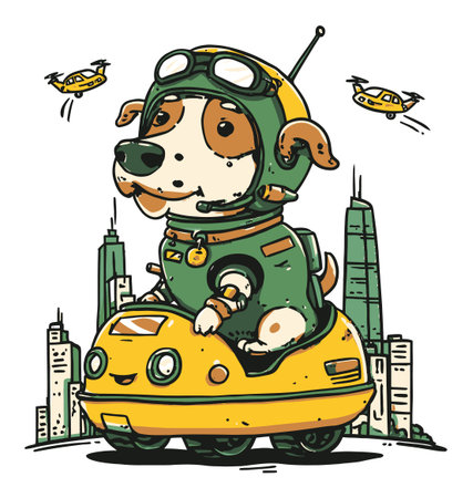 This delightful hand-drawn illustration features a cheerful dog in a pilot outfit riding a yellow vehicle, set against a vibrant city backdrop. Perfect for playful design themes!のイラスト素材