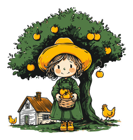 Delightful illustration of a young girl holding apples in a basket under a lush tree. This charming scene captures the essence of rural childhood and nature's bounty.のイラスト素材
