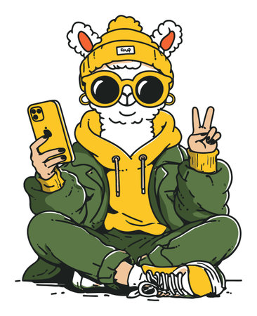 A vibrant hand-drawn illustration featuring a trendy character with sunglasses, a hoodie, and a phone, showcasing a fun and modern style in a casual setting.のイラスト素材