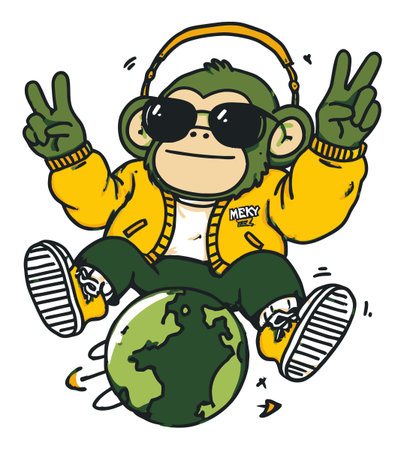 Vibrant illustration of a stylish cartoon monkey wearing sunglasses and headphones, celebrating peace while sitting on a globe. Perfect for youth culture and fun themes.のイラスト素材