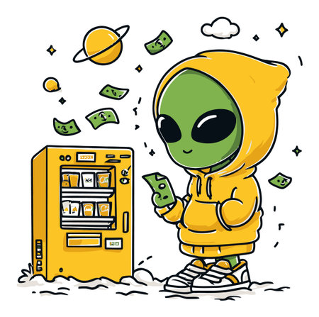 This hand-drawn illustration features a charming alien character in a hoodie, interacting with a colorful vending machine while surrounded by floating cash, creating a whimsical, fun atmosphere.のイラスト素材