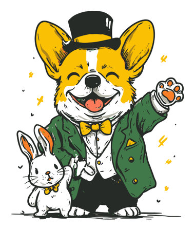 A cheerful corgi in a tuxedo and a charming rabbit wave joyfully. This playful, hand-drawn illustration captures the essence of friendship and fun in a whimsical style.のイラスト素材
