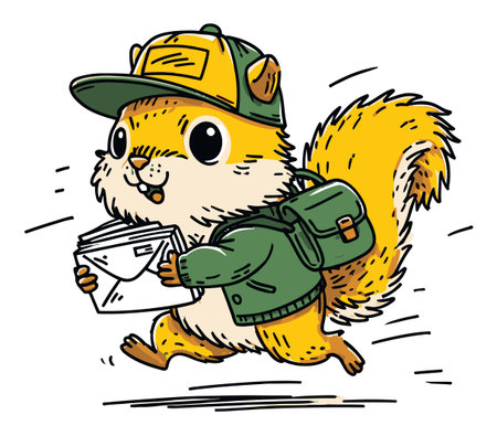A charming hand-drawn illustration of a playful squirrel running with letters in its paws while wearing a cap and backpack, capturing a joyful moment in nature.のイラスト素材