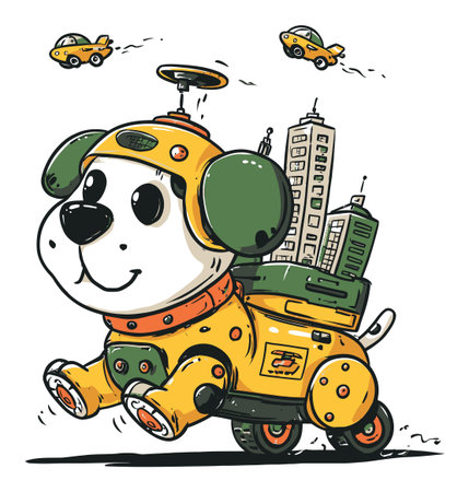 This vibrant hand-drawn illustration features a playful robot dog character, complete with flying cars and city buildings, evoking a sense of imagination and fun.のイラスト素材