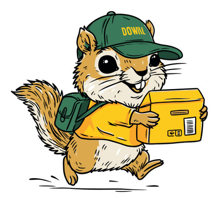 This hand-drawn illustration features a cheerful squirrel character joyfully carrying a package while wearing a cap and a backpack. Perfect for whimsical designs!のイラスト素材
